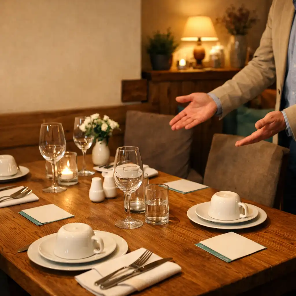 Dłonie gospodarza przy nakrytym stole w kameralnym wnętrzu restauracji