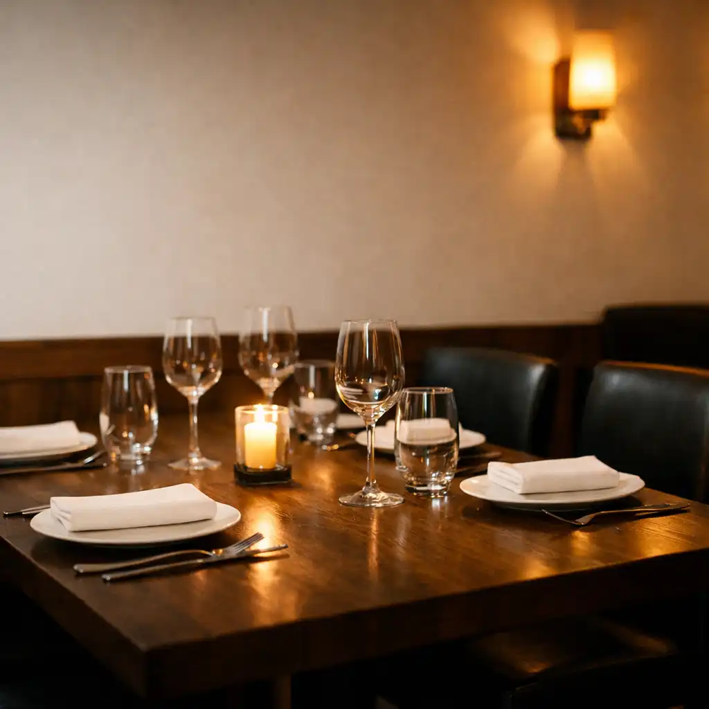 Przygotowany prywatny stół z nakryciami i krzesłami w kameralnej restauracji
