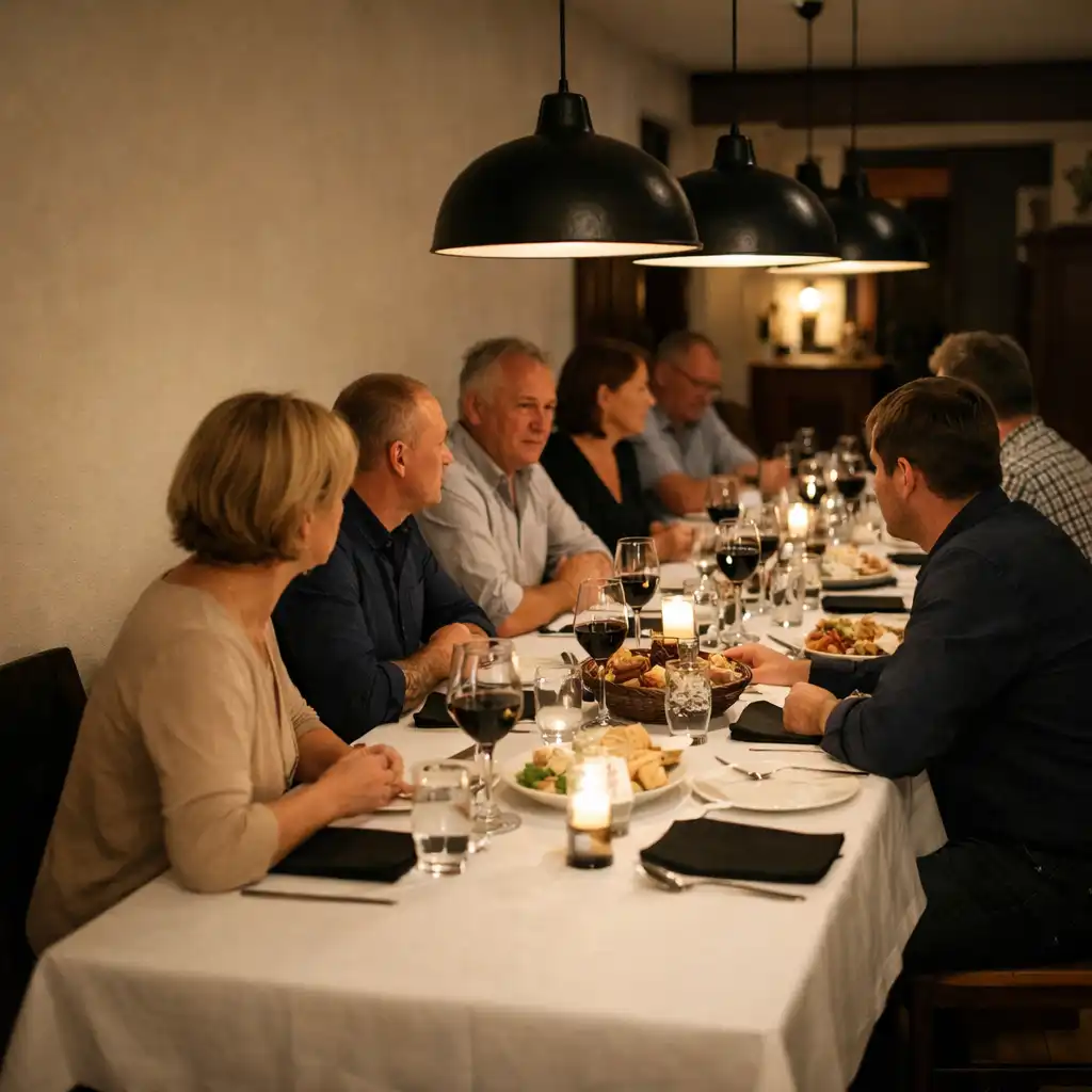 Dorośli goście rozmawiają przy wspólnym stole podczas prywatnego wieczoru w restauracji.