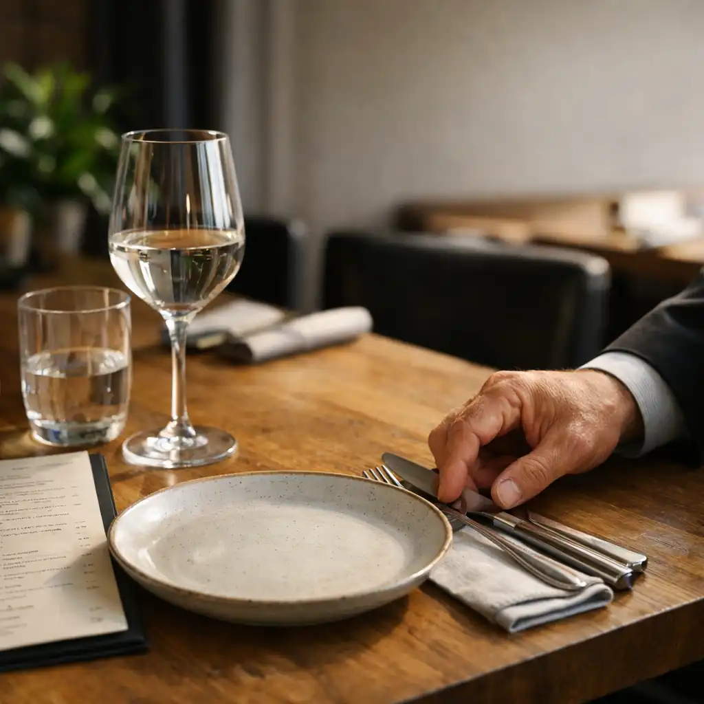 Przygotowany restauracyjny stół z ceramiką, szkłem, lnianą serwetą i dłonią gospodarza ustawiającą sztućce.