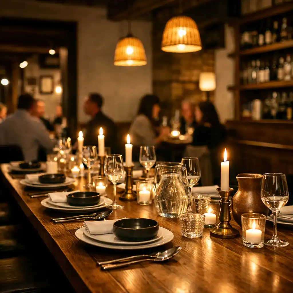 Długi nakryty stół w kameralnej restauracji, oświetlony wieczornymi lampami