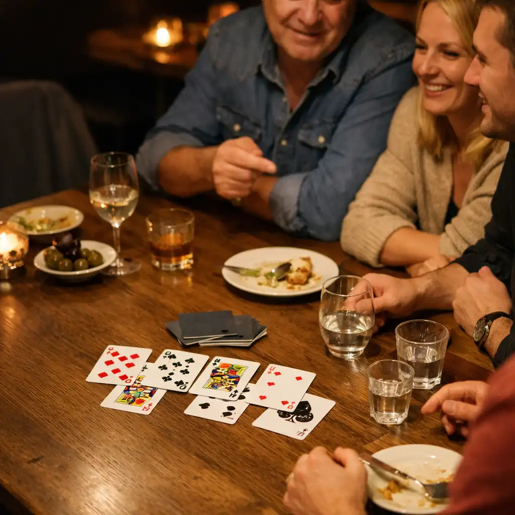 Dorośli goście rozmawiają przy restauracyjnym stole z fizycznymi kartami