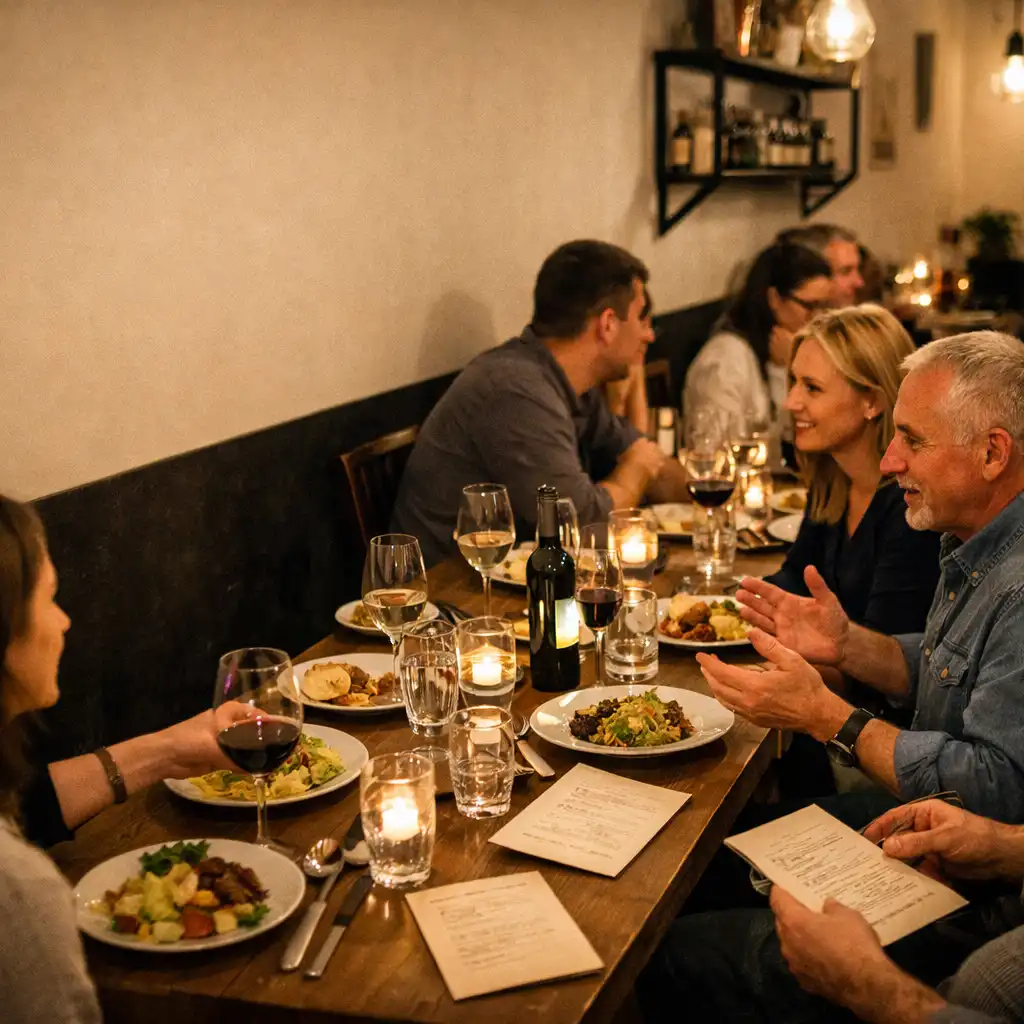 Goście przy wspólnym stole w kameralnej restauracji, z talerzami, szkłem i kartami jako fizycznymi przedmiotami na stole.